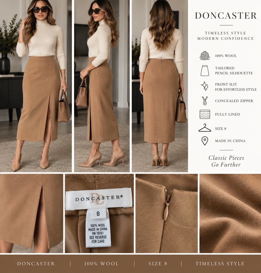 Doncaster 100% Wool Camel Midi Pencil Skirt Size 8